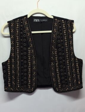 ZARA Embroidered Black Vest with Gold Accents